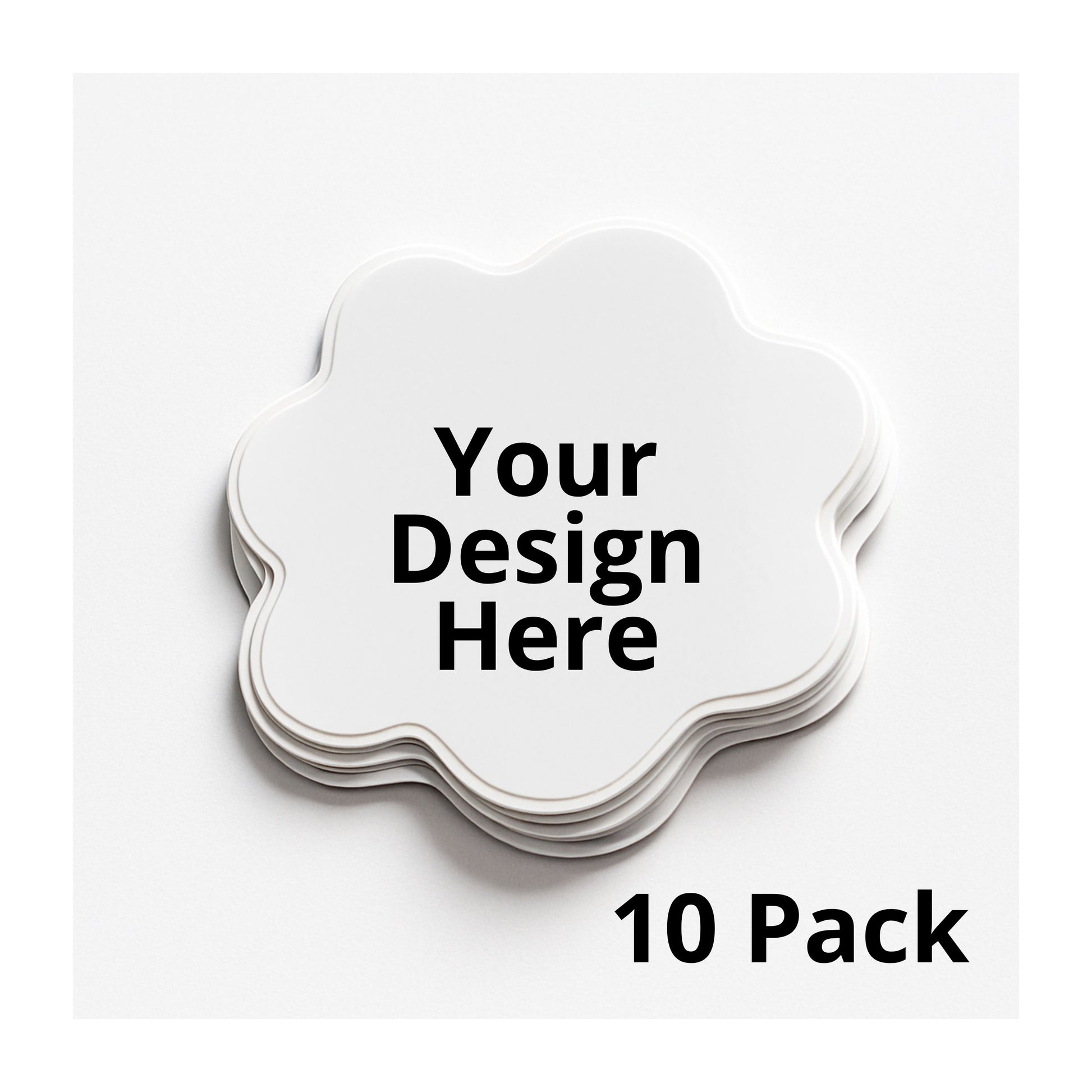 Stack of white coasters with 'Your Design Here' text and '10 Pack' label on a white background