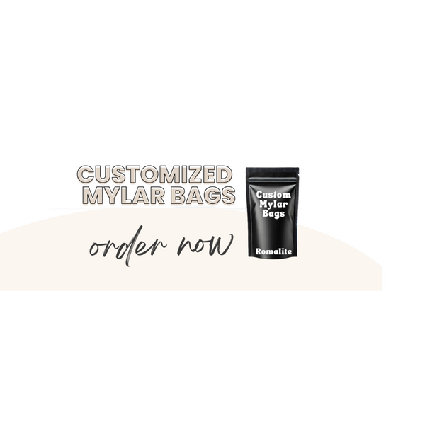 Black mylar bag with 'Custom Mylar Bags' text on a white background