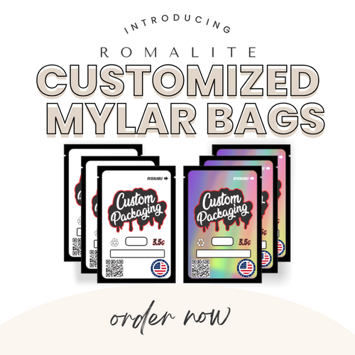 Advertisement for Romalite customized mylar bags with colorful packaging designs on a white background.
