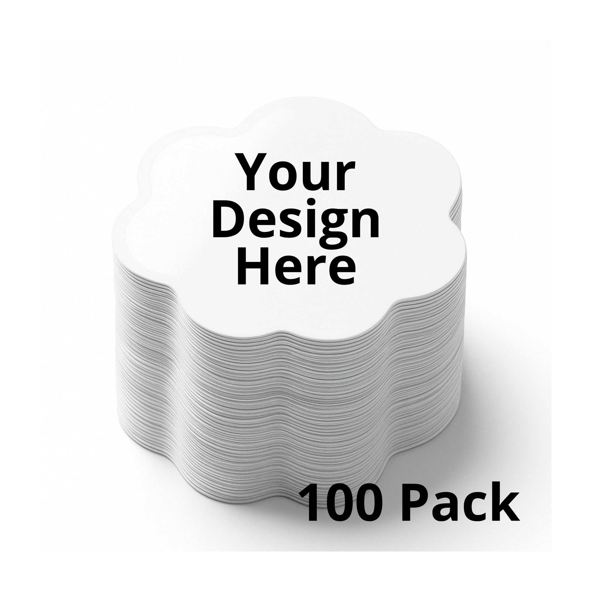 Stack of white labels with 'Your Design Here' text and '100 Pack' at the bottom on a white background.