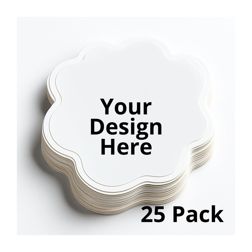 Stack of white coasters with 'Your Design Here' text and '25 Pack' text on a white background