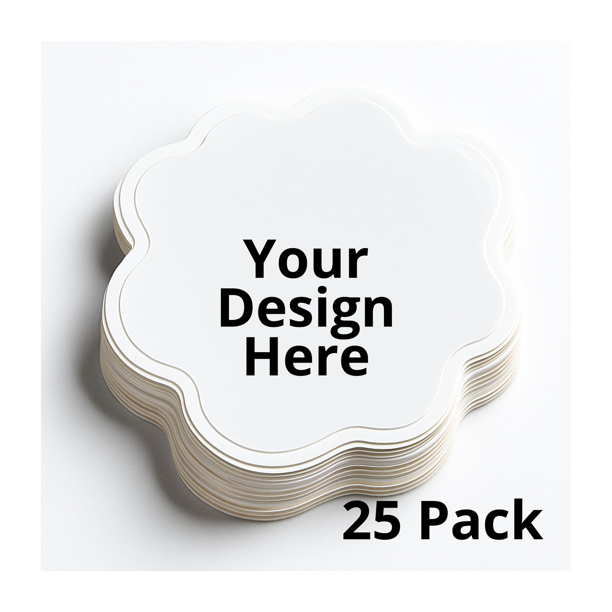 Stack of white coasters with 'Your Design Here' text and '25 Pack' text on a white background