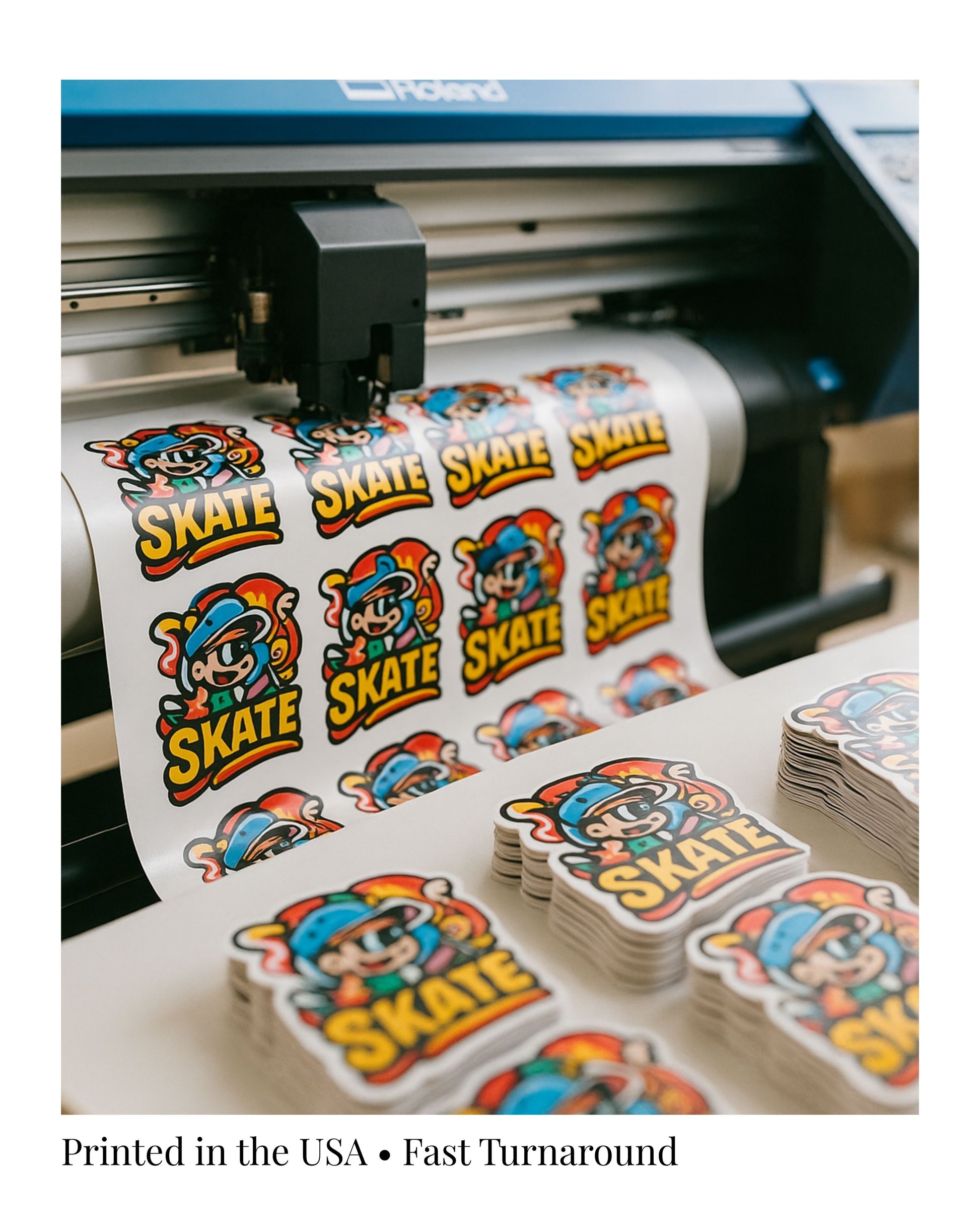 Sticker printing process with 'Skate' stickers on a roll and additional stickers on a table.