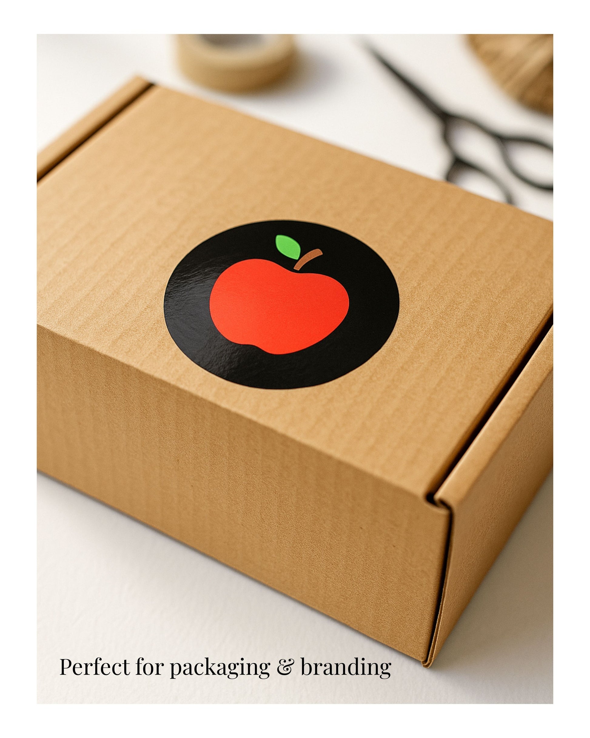 Brown cardboard box with a red apple logo on a white background