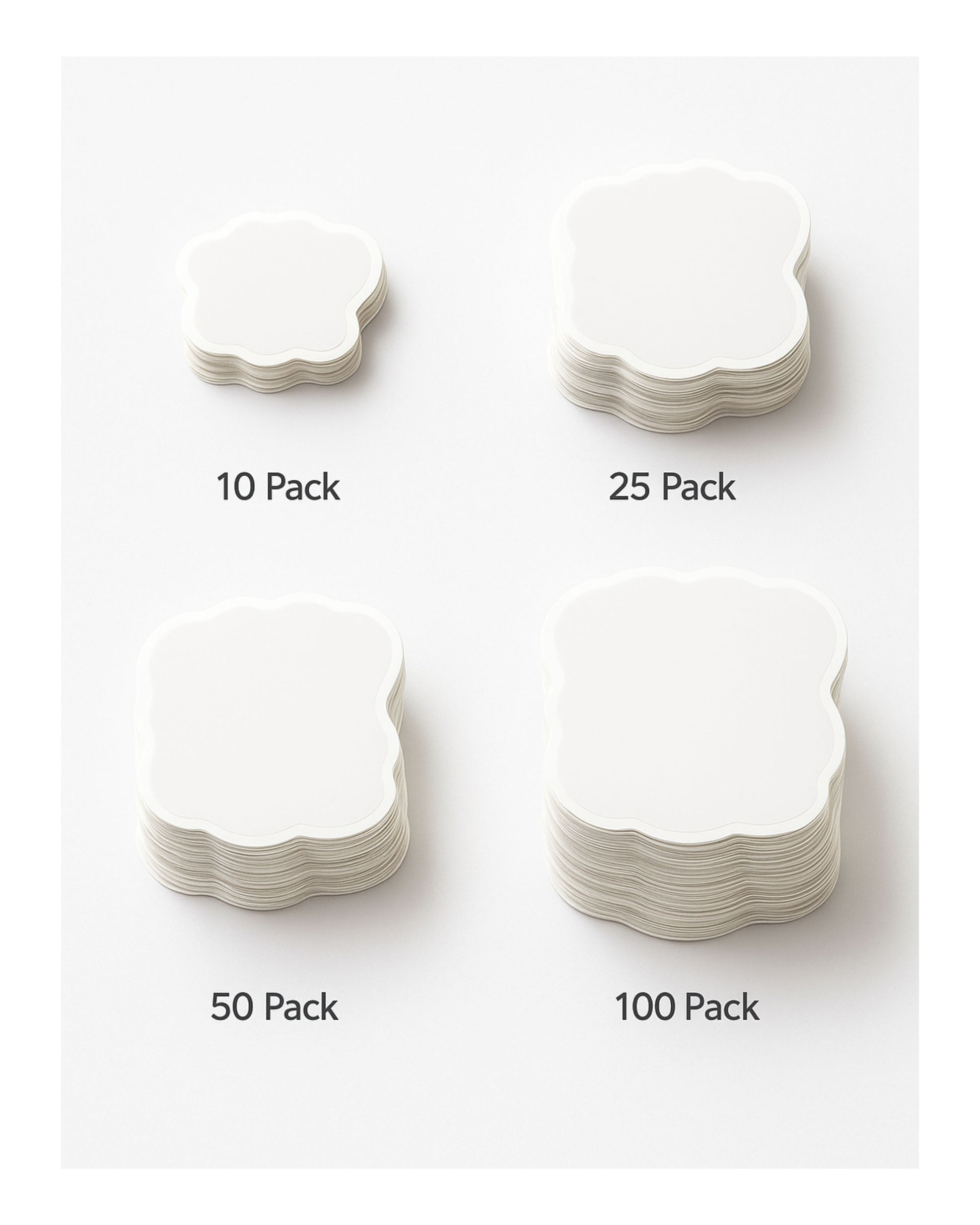 Stacks of white paper with labels indicating 10, 25, 50, and 100 pack quantities on a light gray background.