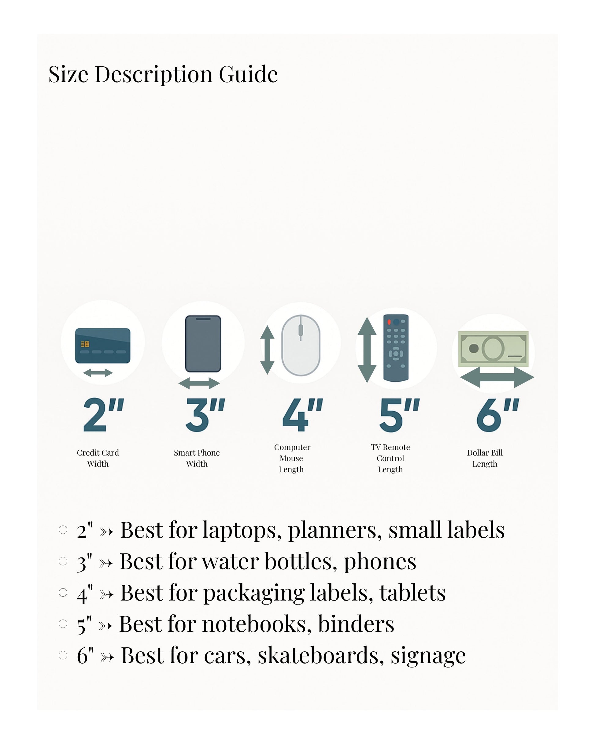Size description guide with icons and measurements for various items on a white background